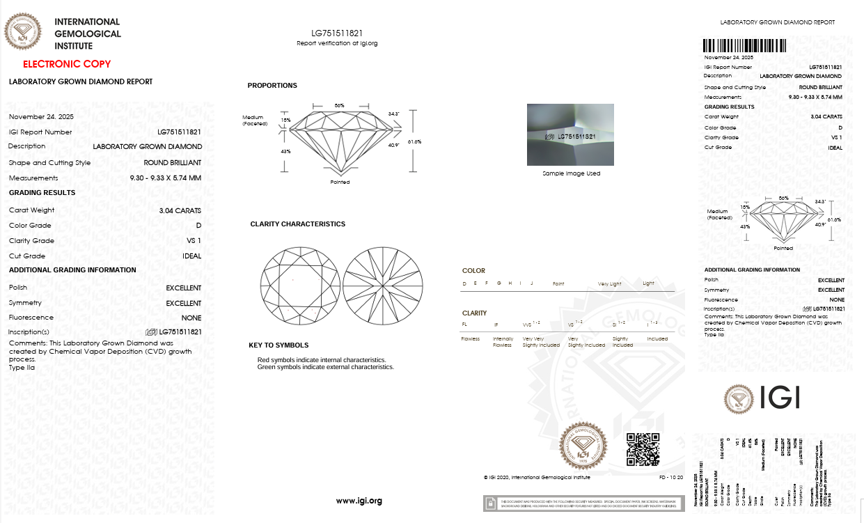 เพชรกลม Round cut 3.04 CT น้ำ 100 D VS1 - Image 2